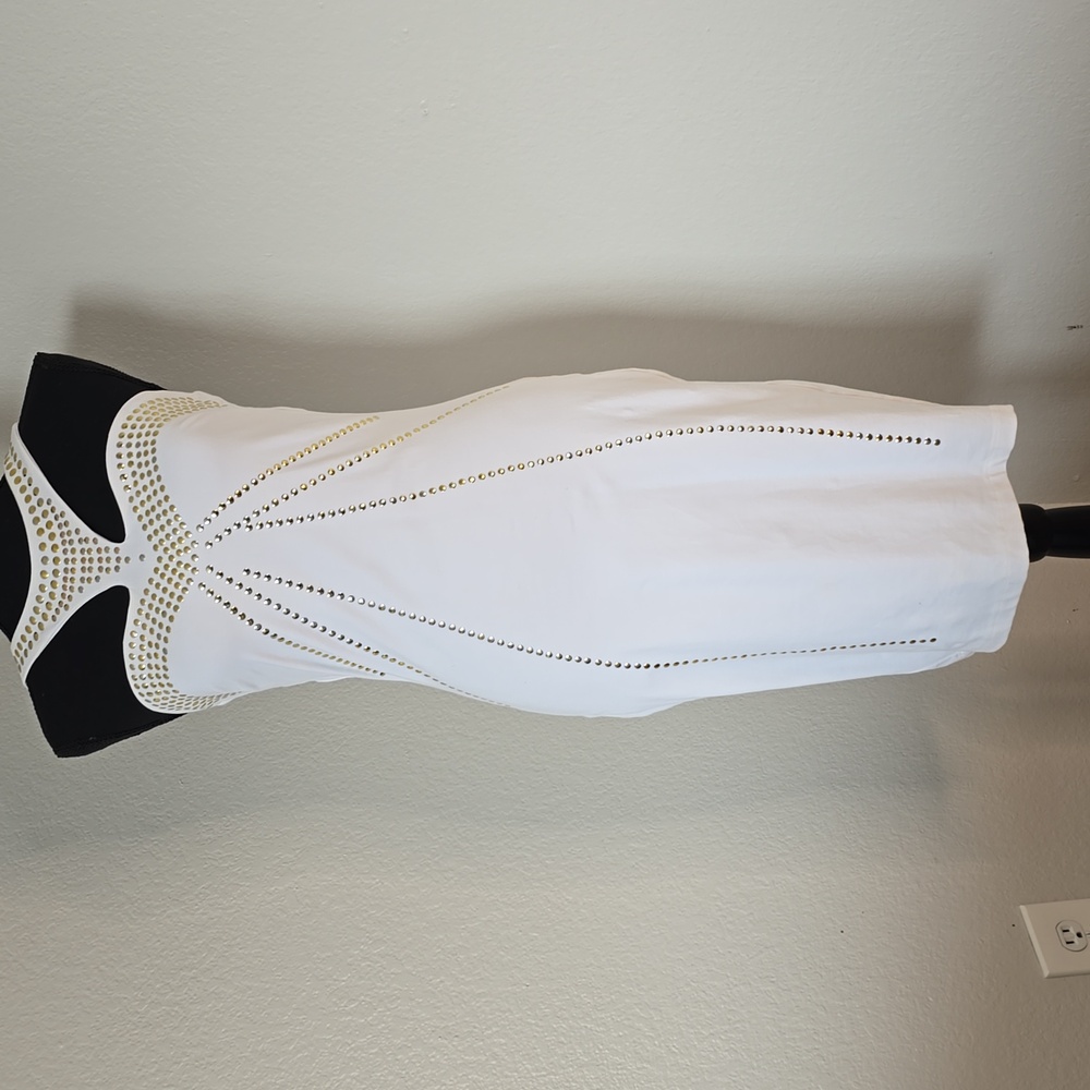 Bebe White Sleeveless Dress with Gold Studded pattern in Size L